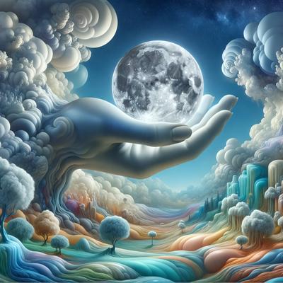 The primary subject of the image is a hand holding a moon. The setting is a colorful, surreal landscape with a sky background. The visual style is a digital art or illustration, creating a whimsical and imaginative atmosphere. The dominant colors are blue, orange, and white, with the blue and white colors predominantly featured in the sky and the orange hues in the hand and the moon.
